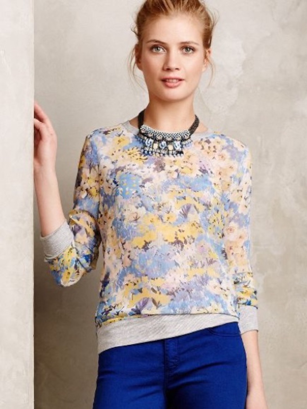 Anthropologie Floral Crewneck Blouse in Blue, Yellow and Pink